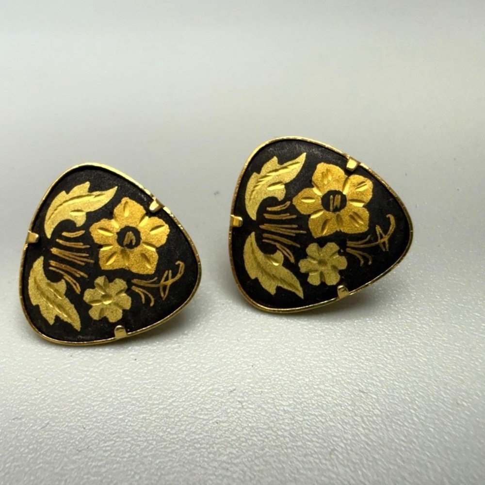 Vintage Gold Tone Damascene Floral Omega‎ Back Earrings Pierced